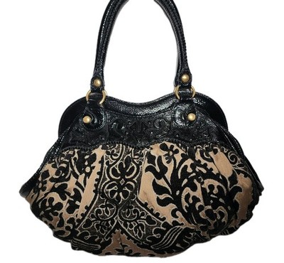 ISABELLA FIORE EMBOSSED 3D LEATHER APPLIQUE PIPINS TAPESTRY CARPET HANDBAG $625