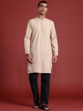 Men  s Beige  Blue Woven Design Kurta   Mandarin Collar, Long Sleeve, S-XXL