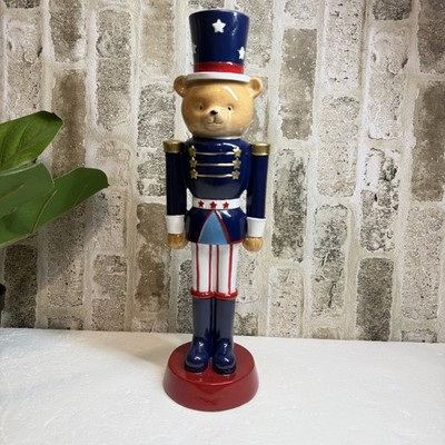 Patriotic Teddy Bear Nutcracker Statue Red White Blue Decor 14  H