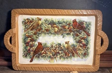 Vintage Ceramic Cardinal Garland Fruit Platter Dish Bird Rectangle Handles J1