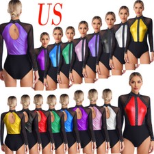Women's Long Sleeve Gymnastics Sparkle Rhinestones Figure Skating Bodysuit Dance