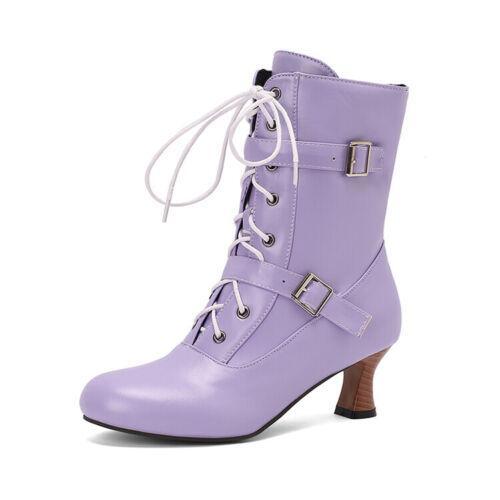 Womens Chic Shoes Round Toe Lace Up Buckle Straps Mid Heel Ankle Boots - Bild 14 von 26