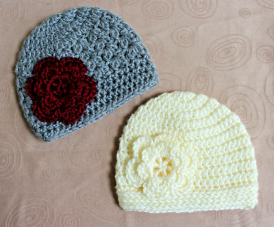 2 x Handmade Crochet Baby Hat Beanies w/ Flower (Newborn -3 Months) NEW FreeShip