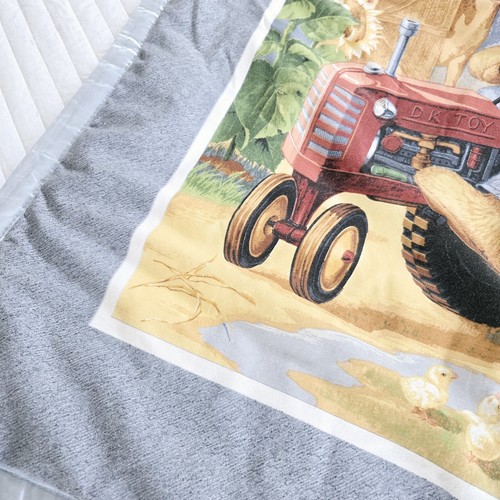 Blue Jean Vintage Teddy Bear Baby Quilt Cute Farm Tractor Barn Theme Satin Trim - Picture 5 of 12