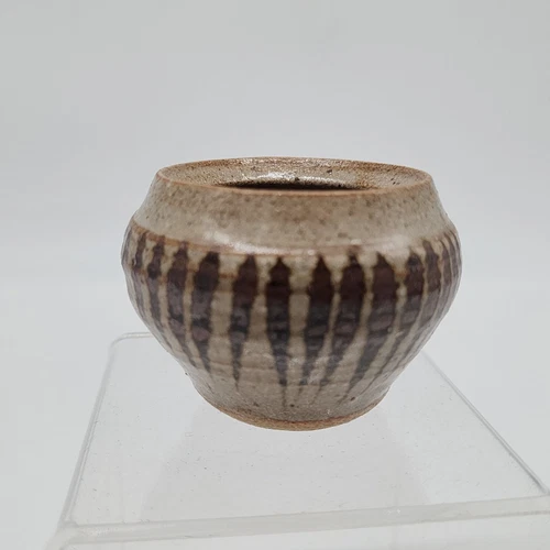 Handmade Mini Ceramic Vase Pot With Brown & Beige Striped Design 2" High