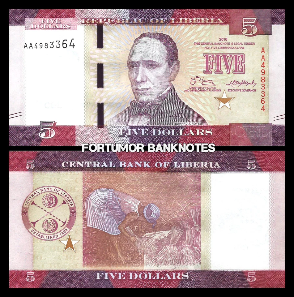 Liberia 5 Dollars 2016, UNC, 10 Pcs LOT, Consecutive, P-31,New Design, Prefix AA - Image 3 of 4