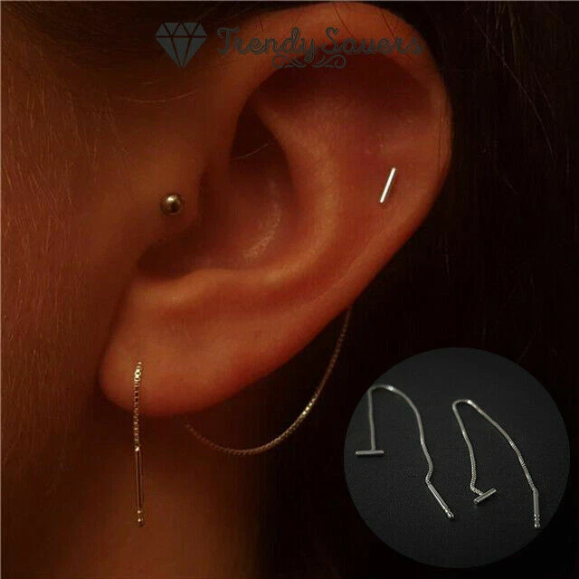 Fashion Sterling Silver Long Linear Chain Dangle Ear Line Threader