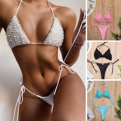 Womens Sexy Triangle Pearl Beaded Bikini Side String Swimsuit Thong Bathing Suit