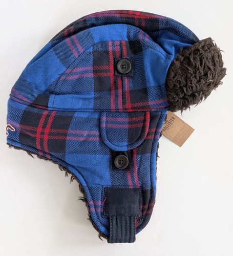 NEW w/TAG Hollister Blue Red Plaid Bomber Trapper Winter Hat Aviator Cap Unisex - Picture 2 of 4