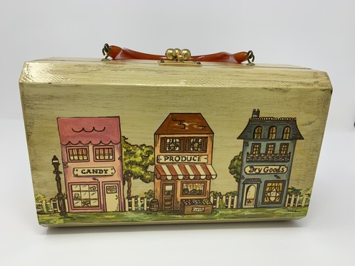 Vintage Box Purse Village Scene Decoupage Red Lucite Handle 1960/1970’s Signed - Picture 10 of 11
