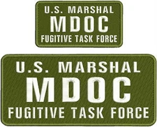 U.S. MARSHAL MDOC FUGITIVE TASK FORCE EMB PATCH 4.75X11&3X6 HOOK ON BACK  OD/WHI