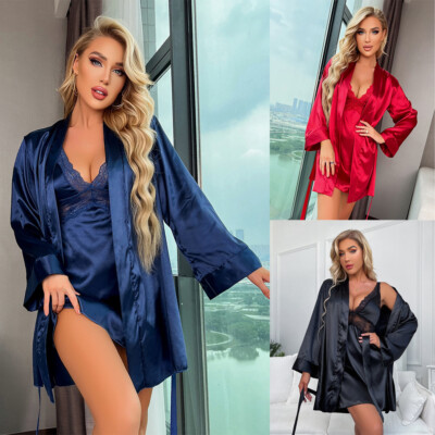 Sexy Deep V Slik Satin Lace Robe Gown Set Sleepwear Bathrobe for Women Best Gift