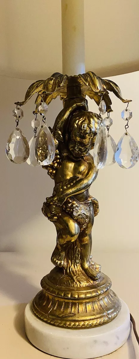 Vintage Cherub Lamp Brass With Marble Base With 8 Teardrop Hanging Crystals