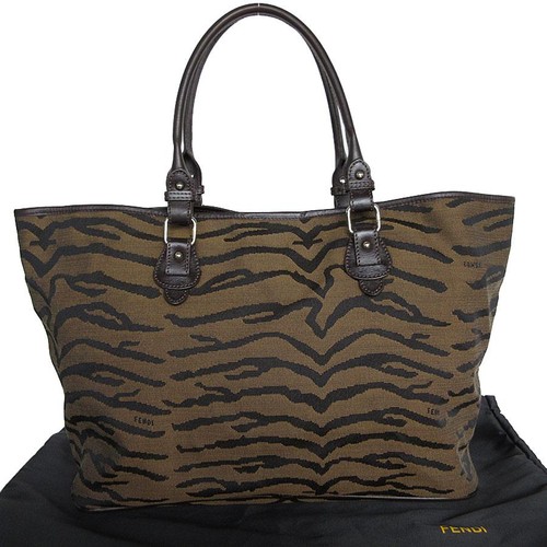 Borsa tote Fendi marrone nero nylon tela pelle righe tigre autentica - Foto 2 di 24