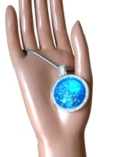 Opal Pendant Ice Blue Resin Opal with CZ Halo On Stainless-Steel Chain 30mm