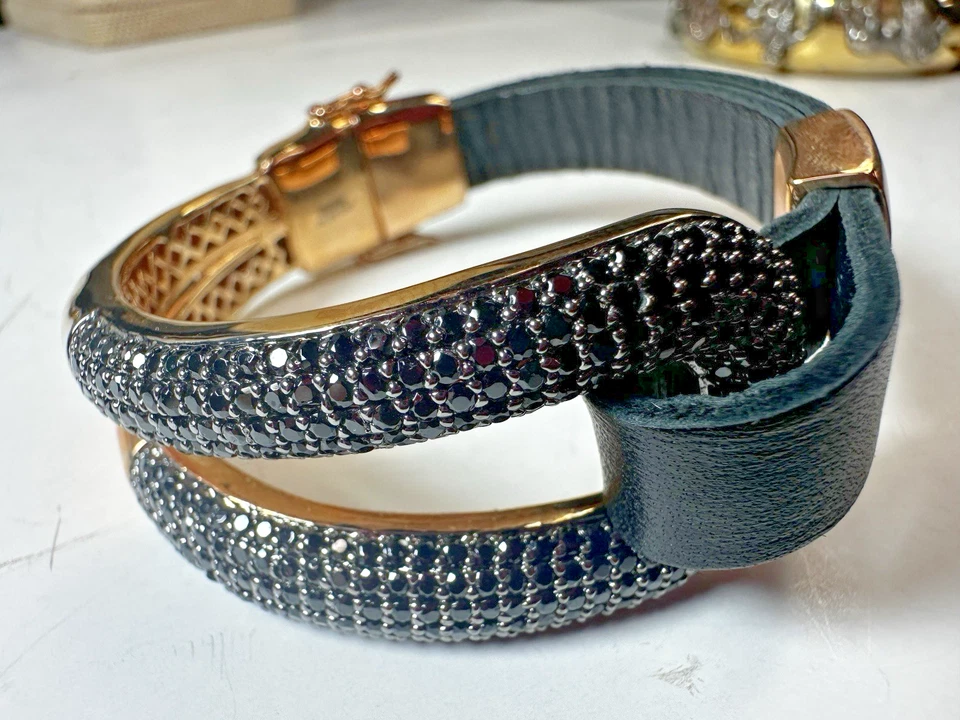 Bronce Milor Italia Negro Cristal Gancho Lazo Cuero Tono Dorado Metal Foto 2 de 4