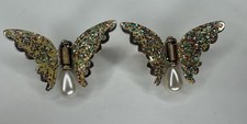 Pair Vintage 60s Gold Tone Butterfly Glitter Faux Pearl Hair Clip Brooch Pin