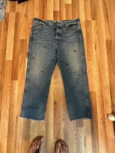AMO Denim Loverboy Jeans with Rosebud Embroidery, Size 32