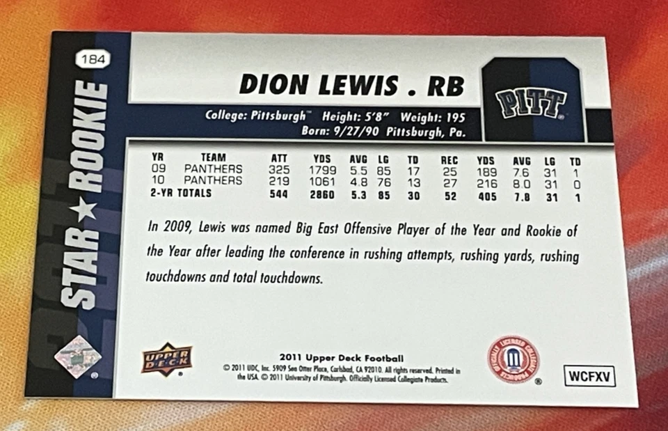 2011 Upper Deck - Dion Lewis - #184 (RC) - Image 2 of 2