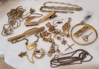 Gold Filled SCRAP LOT Tie Bars Estate Jewelry earrings chains etc Damaged AS IS