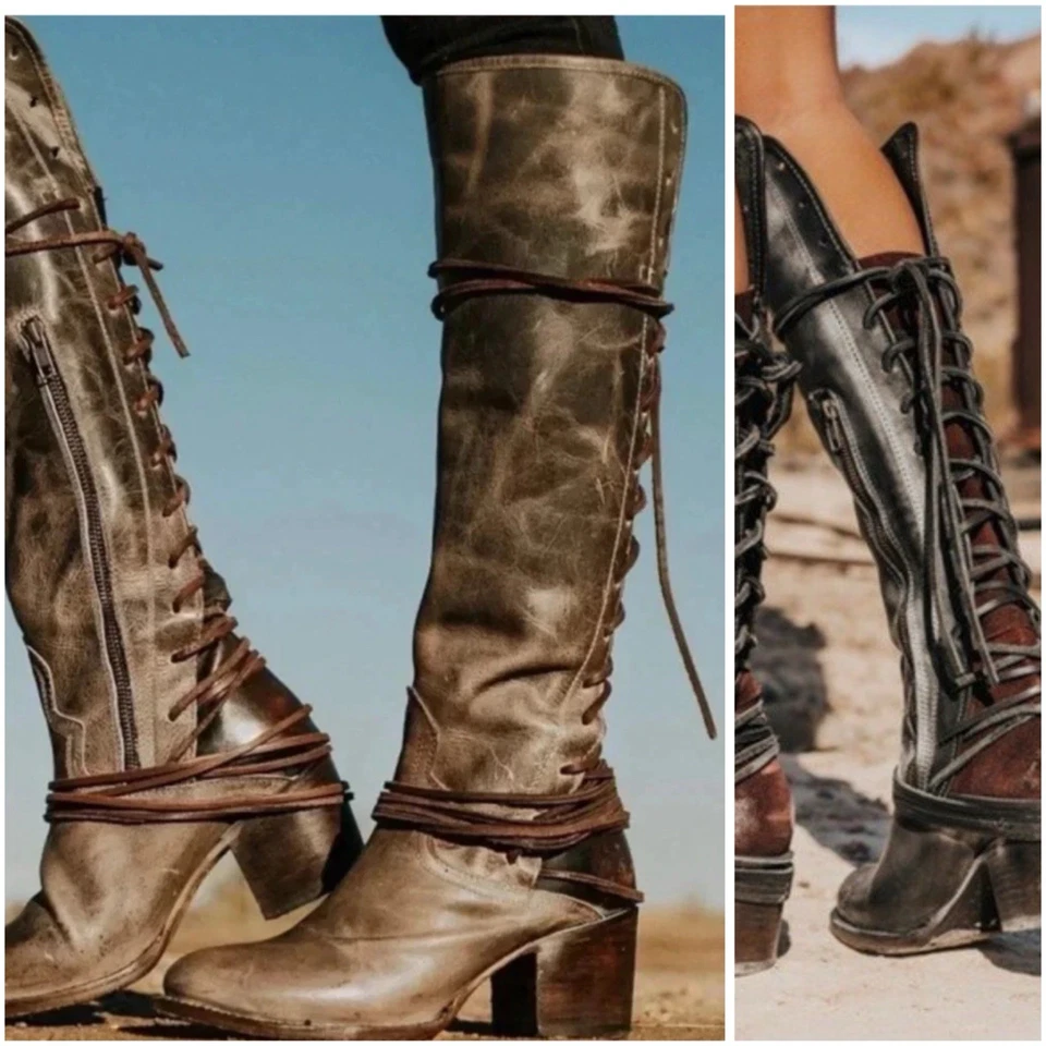 Botas con cordones Freebird by Steven COAL hasta la rodilla de cuero artesanal de piedra talla 8 Foto 2 de 4