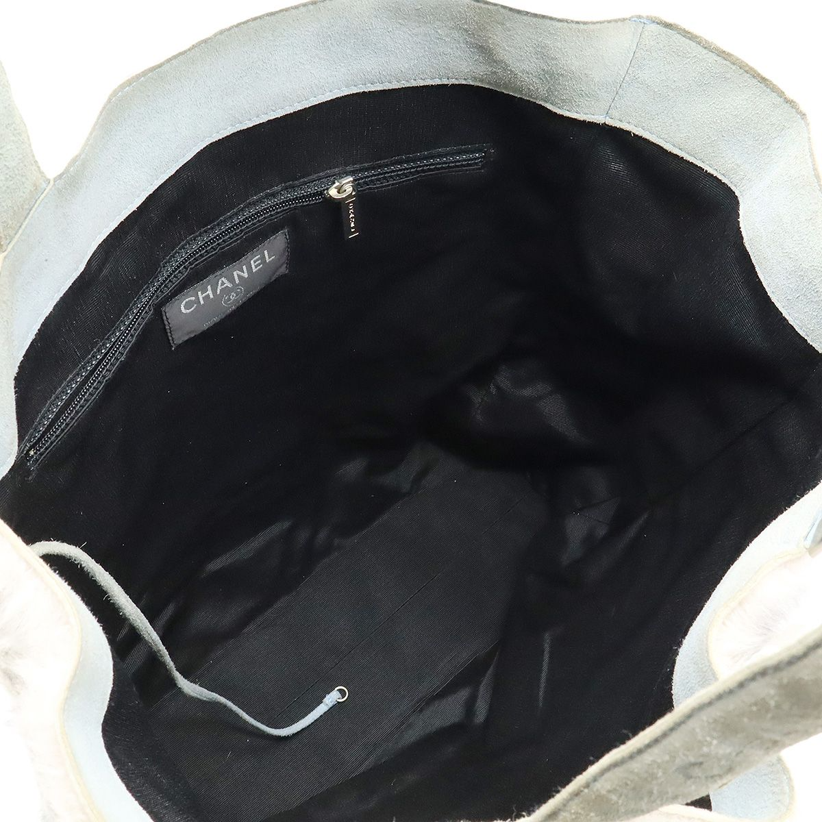 CHANEL Lapin Rabbit Fur Tote Bag Coco Mark Suede Gray Beige with