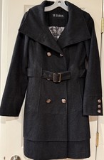 Women’s Small Guess dk. grey wool blend belted Double Breasted peacoat w/Ruffle
