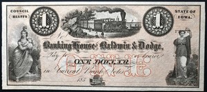 1850s $1 Banking House of Baldwin & Dodge Council BlufI Iowa Obsolete Choice UNC