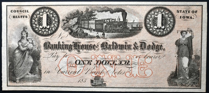 1850s $1 Banking House of Baldwin & Dodge Council BlufI Iowa Obsolete Choice UNC
