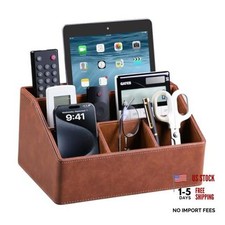 PU Leather Desk Organizer, Luxury Remote Control Holder for Home, Office Brown