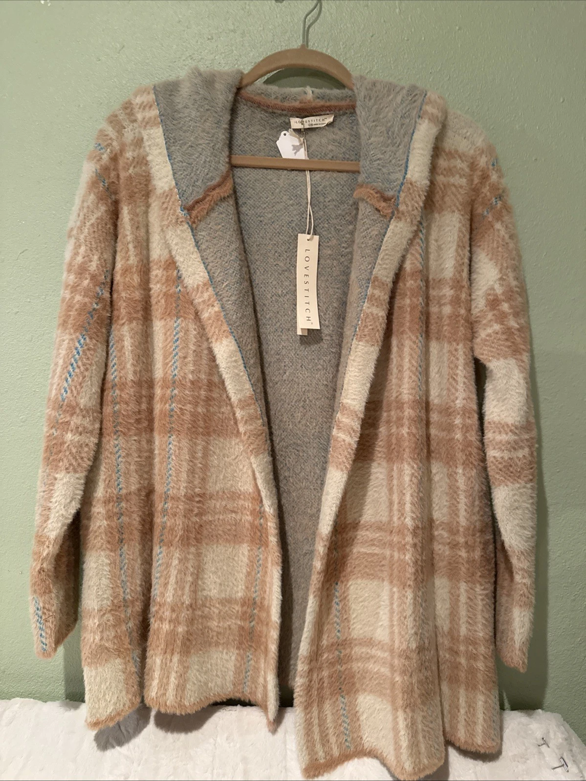 Lovestitch Plaid Fuzzy Hooded Open Front Cardigan Western, Prairie core,New M/L