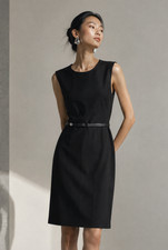 Prada Black Stretch Dress with Leather Belt Tailored Fit Sz.IT42