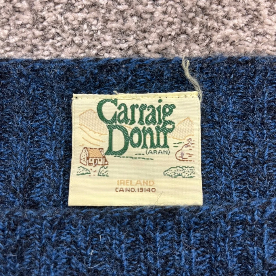 Suéter Carraig Donn Aran Tejido Azul Shetland Lana Barco Cuello Botón Puño Mujeres L Foto 2 de 4