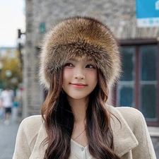 Women's Natural Brown Beanie Earlaps Faux Raccoon Fur Hat Round Ski Cap Elastic 