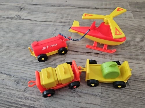 Vintage Fisher Price Little People RARE  Helicopter, Luggage, Cart & Fuel Truck