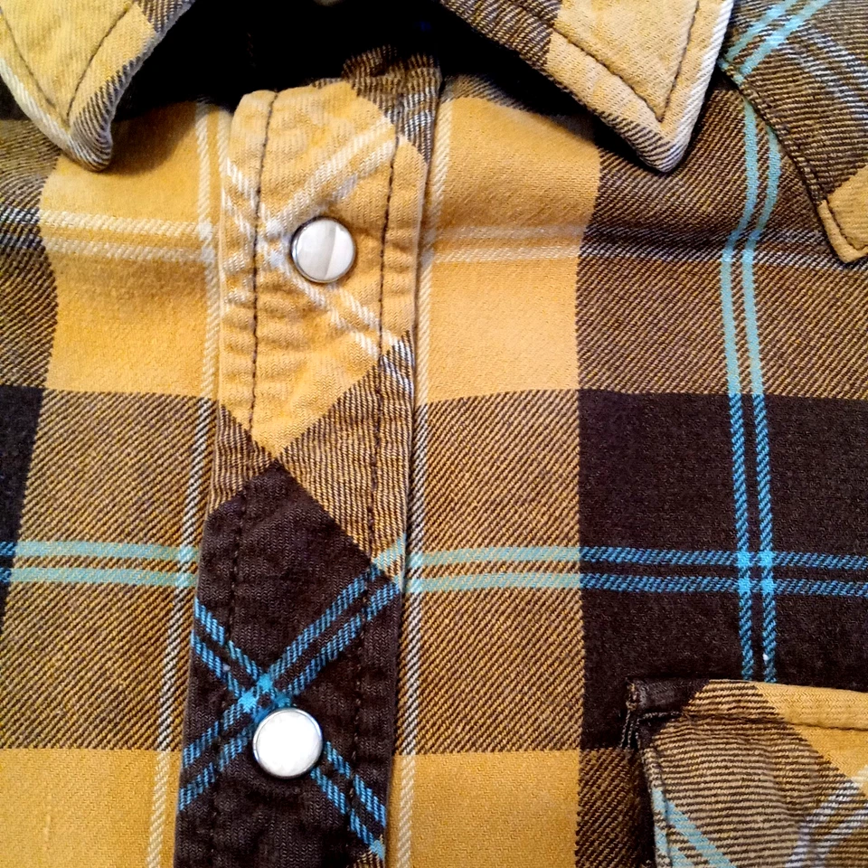 Camisa de franela a presión vintage Route 66 marrón grande a cuadros manga larga perla Foto 4 de 4