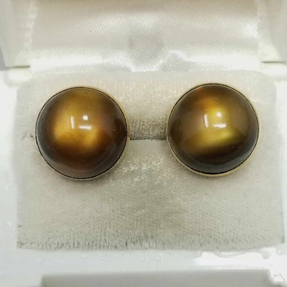 Vintage Swank Brown Moonglow Lucite Cufflinks Round Dome Gold Tone - Image 2 of 4