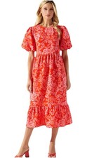 Sugarlips Rhubarb Floral Papillon Puff Sleeve Midi Dress Red Pink Sz M