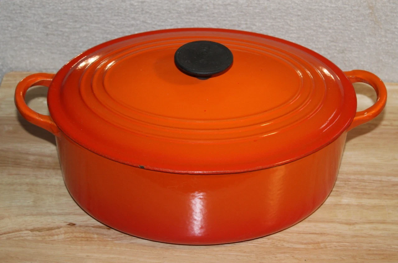 Vintage Le Creuset Flame Orange / Red E Cast Iron Enamelware Dutch Oven with Lid