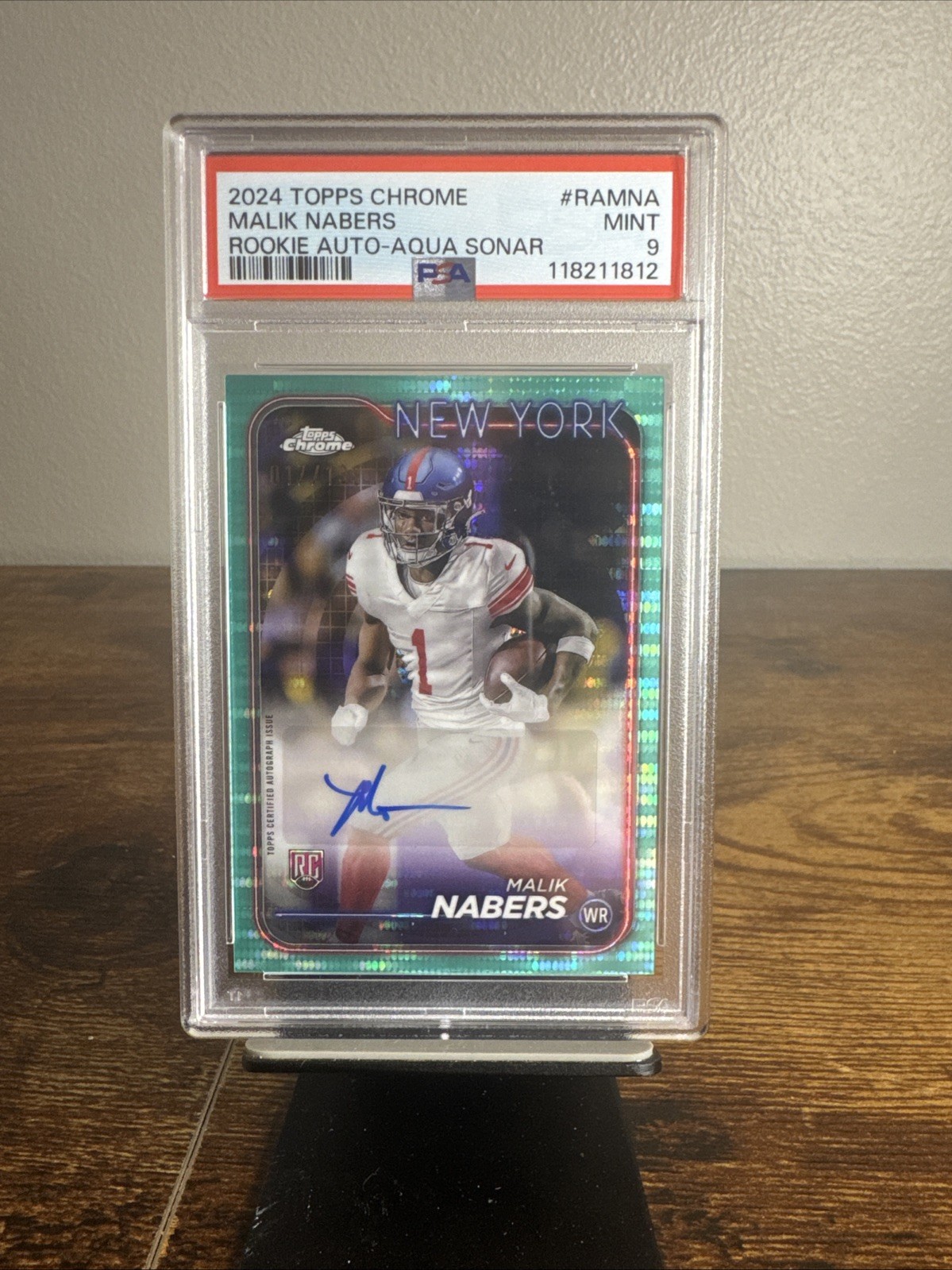 2024 Topps Chrome Malik Nabers Rookie Auto Variation Aqua Sonar/199 PSA 9