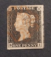 1d Penny Black 1840 Stamp QV SG2, Plate 1a, Red MX, Corner Letters BI