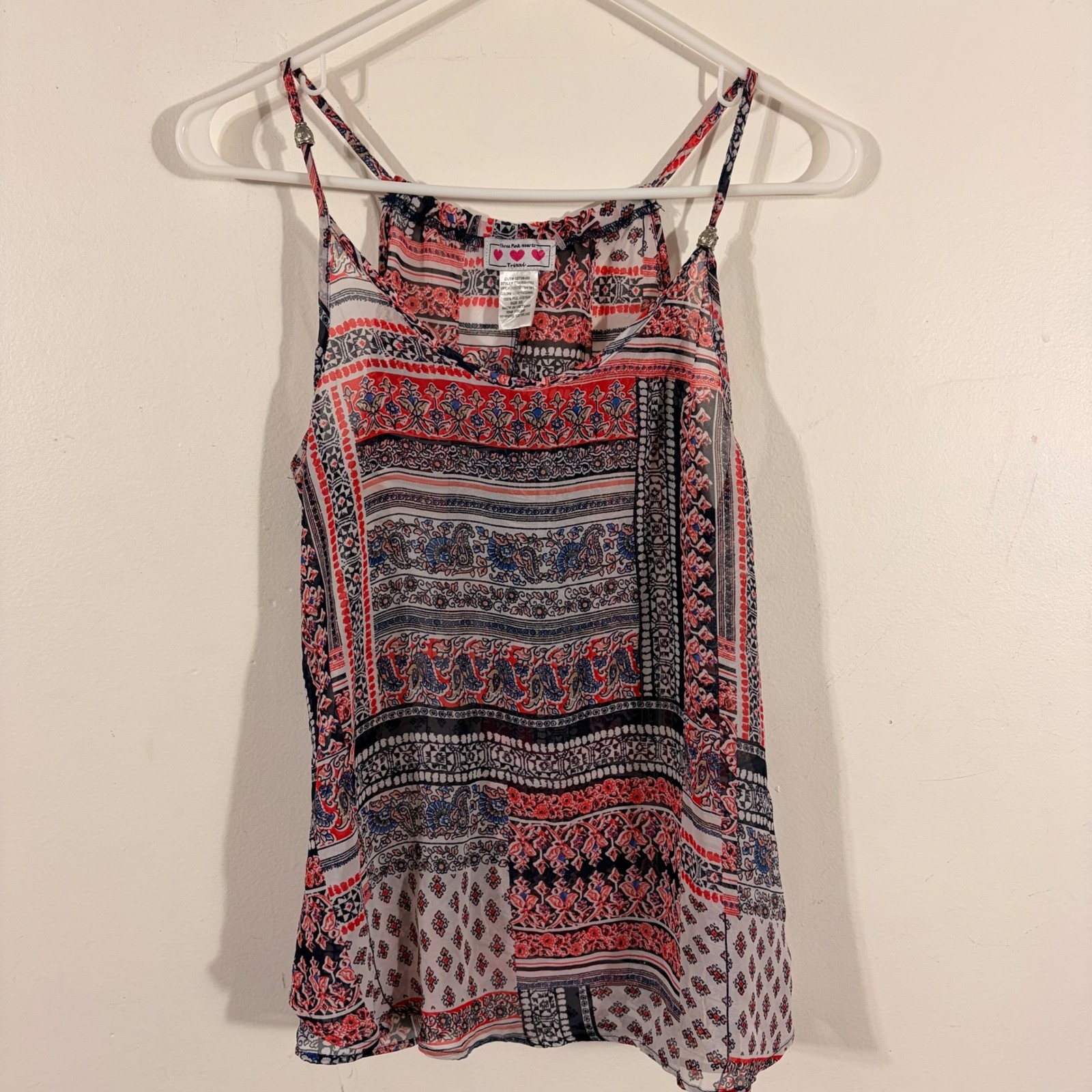Three Pink Hearts Trixxi Tank Top Womens XS Red Navy Boho Paisley Cami