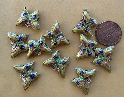 lot of 10 cloisonne beads, butterfly ~ gold, blue, green, orange, 20 x 15 x 3 mm