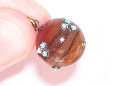 Rare Antique Victorian Banded Agate Turquoise Fob Chain Ball Sphere Orb Pendant - Image 1 of 4