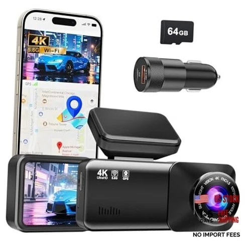 4K Dash Cam Front, Built-in 5.8G WiFi, Free 64GB Card & 48W A+C Car Charger
