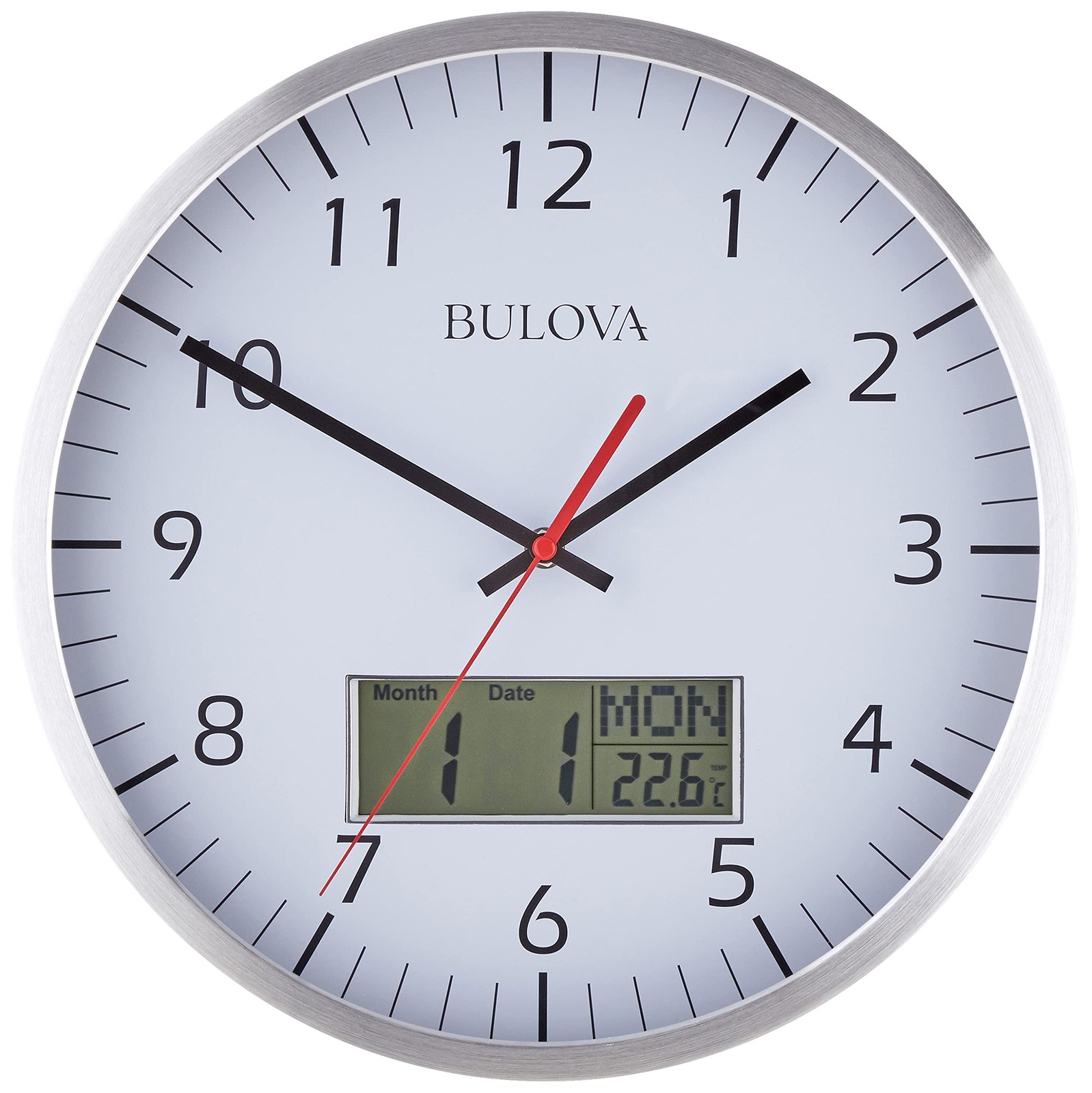 Silent Quartz Wall Clock with Digital Temp Display Brushed Aluminum Design