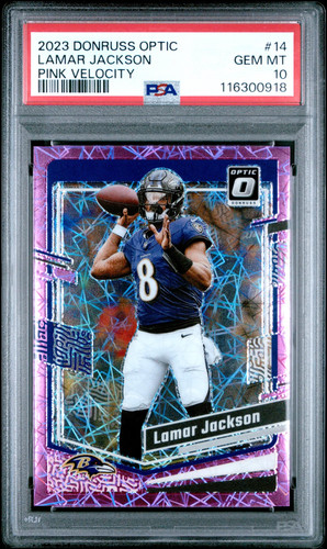 2023 PANINI DONRUSS OPTIC PINK VELOCITY #14 LAMAR JACKSON /79 PSA 10