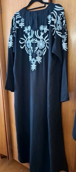 Womens Vintage Black Kaftan Maxi Dress M/L Square Neck Silver Floral Embroidery