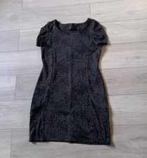 E-Vie Dark Grey & Black Leopard Print Stretch Dress Shift Office Work Smart UK14