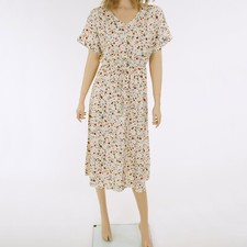 SHEIN Women's MEDIUM Short Sleeve CREAM, RUST & BLUE Print FLORAL DRESS V-Neck